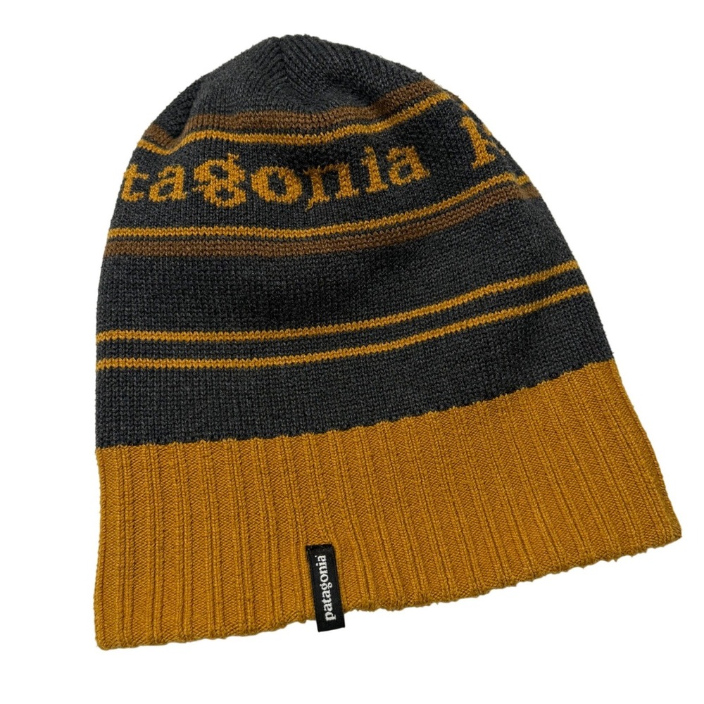 Patagonia Beanie Hat Recycled Poly Knit Grey Mustard Yellow Logo Stripe One Size
